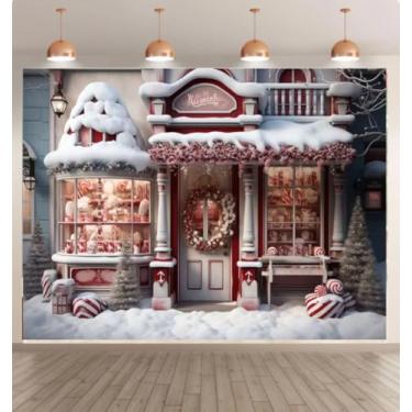 Imagem de 2,4 x 1,8 m de fundo de loja de doces de Natal, fundo de rua nevado, decoração de festa de ano novo, adereços de retrato de crianças, estúdio fotográfico de bebê