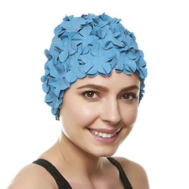 Imagem de Touca de natação de látex - touca de natação feminina elegante ótima para mulheres, perfeita para manter o cabelo seco - adequada para cabelos longos - estilo vintage de pétala floral - azul royal