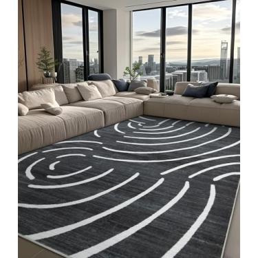 Imagem de chakme Tapetes modernos e abstratos laváveis 13 x 18 cm, tapete antiderrapante macio branco e preto para quarto, tapete listrado geométrico minimalista fino, tapete de área resistente a manchas para