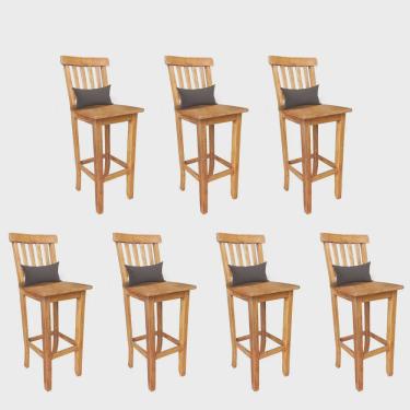 Imagem de Kit 07 Banqueta Alta Com Encosto Wood Madeira Maciça Peroba Rosa Com Almofada Sintético Marrom - Ahz Móveis