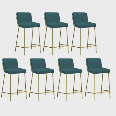 Imagem de Kit 07 Banqueta Alta Com Encosto Drika Industrial Cozinha Bistrô Ferro Dourado Suede Azul Turquesa - Ahz Móveis