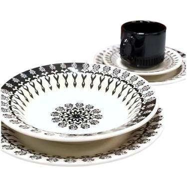 Imagem de Conjunto Donna Folk, 4 Pratos Rasos 24cm + 2 Xícaras com Pires, Cerâmica, Estampa Floral, Preto e Branco