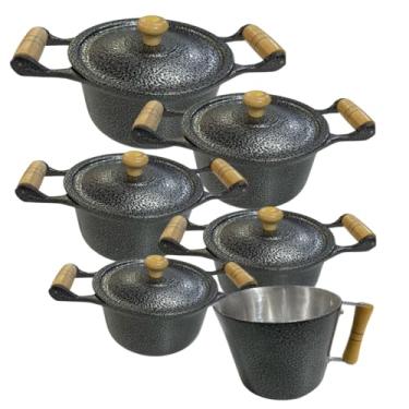 Imagem de Jogo de Panelas Preta em Alumínio Batido Fundido 6 Peças Craquelada Grossa com Tampa de Alumínio