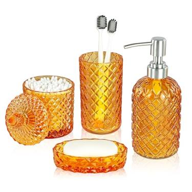 Imagem de LaMarriti Conjunto De Acessórios Para Banheiro Laranja, Completo Com 4 Peças Vidro Transparente, Dispensador Sabonete Em Formato Diamante, Porta-Escovas Dente, Saboneteira, Recipiente Cotonetes, Dec