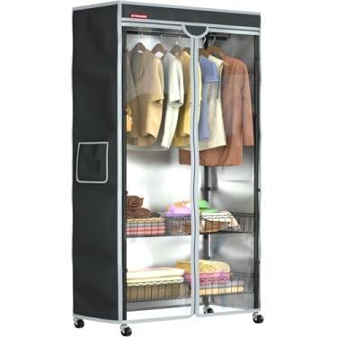 Imagem de Suporte para roupas com rodinhas com capa, suporte resistente com capa e rodas, cabide com zíper e capa frontal transparente, cabide de rolo de metal preto com cesta, 30 cm P x 70 cm L x 182 cm A