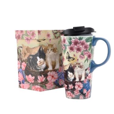 Imagem de TZSSP Caneca de Cerâmica de Viagem com 500 ml, Caneca de Café e Chá com Tampa, Floral e Gato