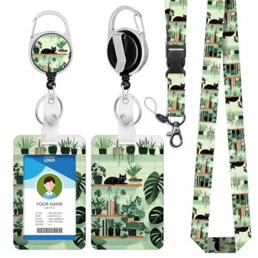 Imagem de IBOVODI Cordão de gato preto fofo com suporte de identidade, suporte de crachá de identificação de planta com clipe de mosquetão retrátil para crachá, cordão separável, chaveiro, etiqueta de nome