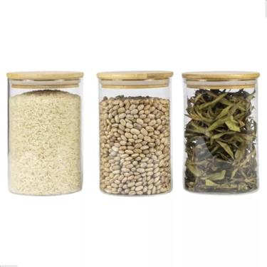 Imagem de Kit 3 Potes Multiuso de Vidro com Tampa de Bambu Empilhável Redondo Alimentos Organizador de Geladeira E Armários 1L