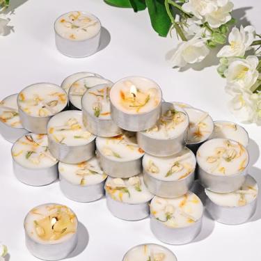 Imagem de 8 velas perfumadas de jasmim, queima longa de 6H, luzes de chá perfumadas 100% à base de cera de palma com flores secas, luzes de chá não tóxicas/sem fumaça para spa, banho, casamento