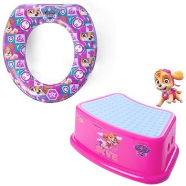 Imagem de Kit Degrau Banquinho Infantil + Redutor de Assento Patrulha Canina Antiderrapante, Confortável, Seguro e Resistente, Incentiva a Autonomia e Higiene das Crianças Ideal para Banheiro (Rosa)