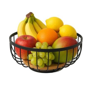Imagem de Fruteira cesto aramado ferro base madeira preto redonda - clink