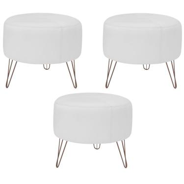Imagem de Kit 03 Puffs Decorativos Redondo Couro Branco Fosco