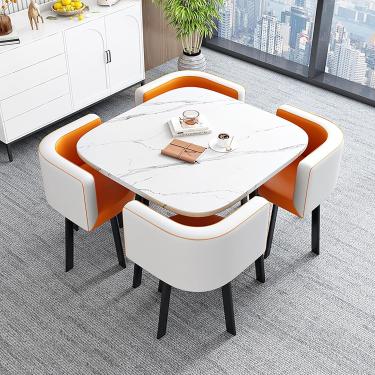 Imagem de Mesa e 4 cadeiras, mesa de conferência com 4 cadeiras, combinação de mesa e cadeira, assento acolchoado e mesa de cozinha PU, mesa de jantar e cadeiras para 4, para sala de jantar no escritó