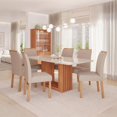 Imagem de Conjunto de Mesa Retangular com Tampo de Vidro Off White Ariela e 6 Cadeiras Juliana Linho Bege e Madeira