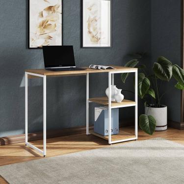 Imagem de Mesa Escritório Berlim Industrial com Prateleira Ferro Branco Tampo 110x46 Freijó