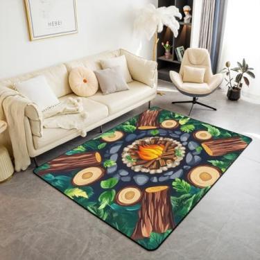 Imagem de Erosebridal Tapete de área de fogueira, 1,88 m x 1,15 m x 1,28 m, tapetes para sala de estar, crianças, divertido, sala de aula, tapete decorativo verde, bosque, pedras, desenho animado