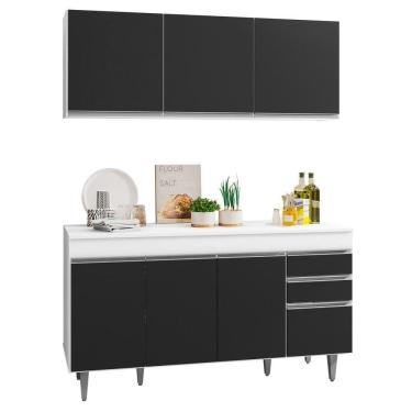 Imagem de Armário Aéreo Argélia E Balcão Gabinete Para Pia 150cm Com Tampo Branco-preto - Lumil Móveis