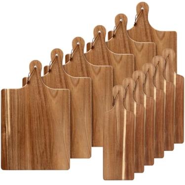 Imagem de Pacote com 12 tábuas de corte de madeira de acácia, tábuas de charcutaria a granel com alça de 40 x 24 cm e 40 x 12 cm, tábuas de madeira para servir comida, queijo, pizza, pão, fruta, carne