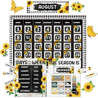 Imagem de Conjunto de quadro de avisos de girassol para decoração de sala de aula, calendário de girassol, estações, tabela meteorológica, flor de verão, quadro de avisos CTP, cortes de papel para professores