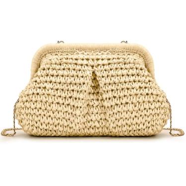 Imagem de DJ LADY NADA Bolsa transversal Boho de palha – Bolsa de ombro de tecido para mulheres com alça de corrente, bolso interno e estilo clutch, Bege, Small