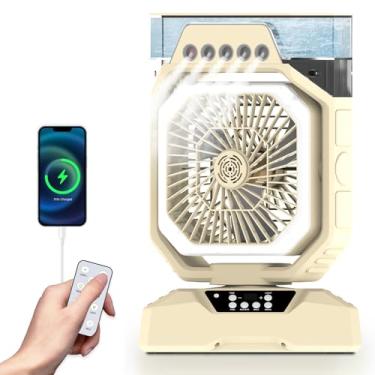 Imagem de Weljoy Ventilador de nebulização recarregável com luzes LED - Ventilador de resfriamento portátil com bateria de 27000 mAh, oscilação de 90° e carregamento móvel para acampamento ao ar livre (Biege)
