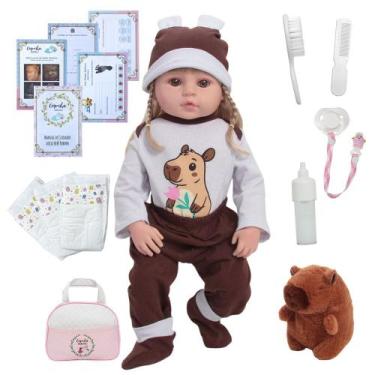 Imagem de Boneca Reborn Bebê Menina Capivara Loira Fofa Kit Completo - Cegonha R