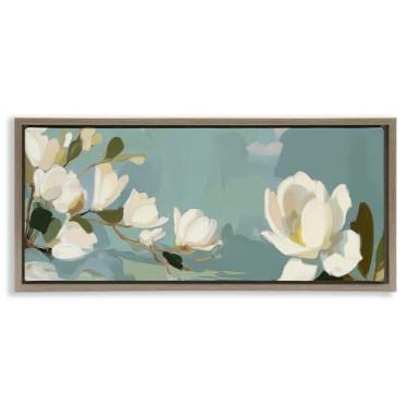 Imagem de Stupell Industries Arte de parede em tela flutuante marrom com flores de magnólia água-marinha por Elara Yasna, 28 x 63 cm