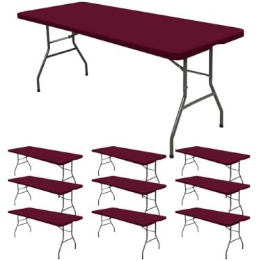 Imagem de Pacote com 10 toalhas de mesa ajustadas para mesas retangulares de 1,8 m, capa de mesa elástica para piquenique ao ar livre vermelho vinho, toalhas de mesa dobráveis elásticas laváveis de 1,8 m para