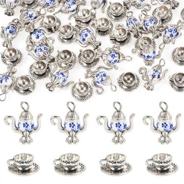 Imagem de Boutigem Pingentes tibetanos com tema de chá da tarde, 40 peças, pingentes de chávena de chá de prata antiga, bule de chá, vintage, chaleira de flor, pingentes de metal para brincos faça você mesmo