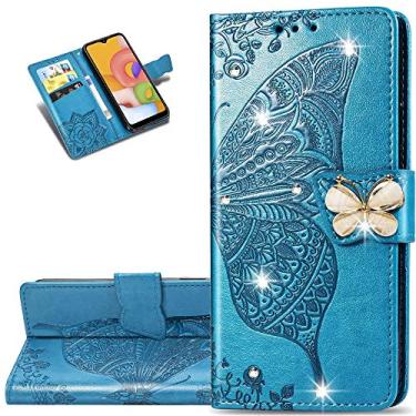 Imagem de LEMAXELERS Capa para Samsung Galaxy S21 Bling Diamond Butterfly Embossed Wallet Flip PU Leather Magnetic Card Slots com suporte para Samsung Galaxy S21 / S30 Diamond Butterfly Blue SD