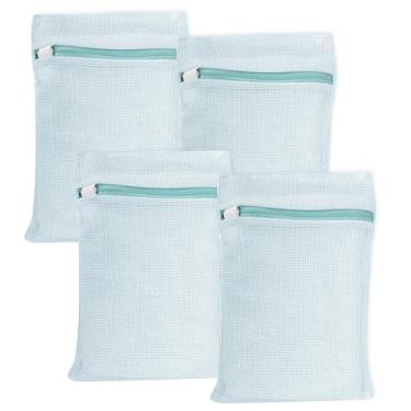 Imagem de Saco de lavanderia de 4 peças azul, pequeno, durável de malha de algodão orgânico com zíper forte e malha respirável, bolsa de roupa íntima delicada para roupas íntimas, roupas, calças e meias