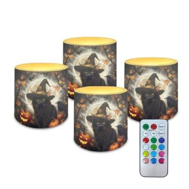 Imagem de Merkmak 4 velas sem chama de Halloween com controle remoto de 18 teclas operadas por bateria com temporizador, lua gato preto, abóbora, luzes de chá de LED para festa, banquete, decoração de casa
