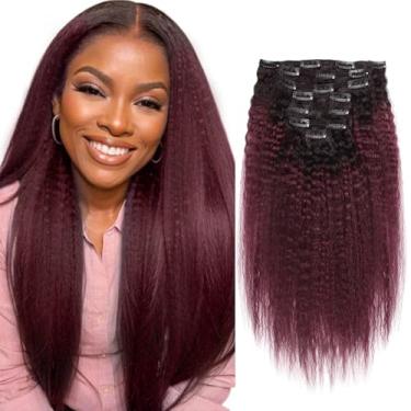 Imagem de Sassina Extensões de Cabelo Remy Liso Kinky Grampo em Cabelo Humano para Mulheres Negras Clipe Virgem em Extensões Preto Natural Desvanecendo a Vinho Escuro 120 Gramas por lote com 7 Peças TN99J 35 cm