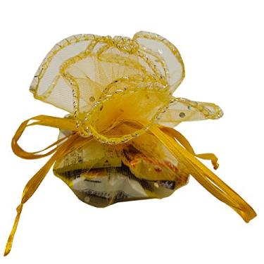 Imagem de Ankirol 20 pçs Bolsa de lembrança de organza transparente com cordão redondo Bolsa de joias Organza Doce 26 cm/10,2 pol. Diâmetro Natal festa de casamento Favor embalagem de presente, Dourado, 3.5x4.5