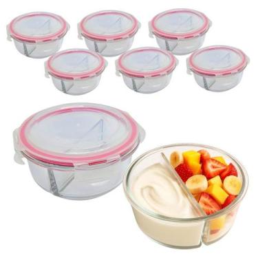 Imagem de Kit 6 Potes De Vidro 630ml 2 Divisórias Hermético Marmita Fit Com Trav