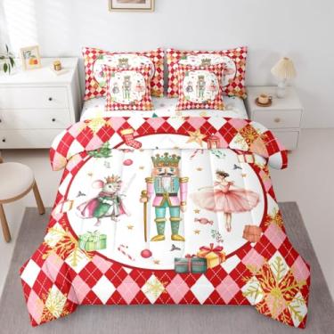 Imagem de Conjunto de edredom de 7 peças de princesa de balé fofo, conjunto de cama casal, quebra-nozes de Natal, desenho animado com mouse, conjunto de lençol com estampa geométrica de floco de neve dourado
