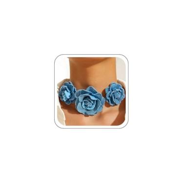 Imagem de SAVNOJW Conjunto de joias de gargantilha de flor de brim azul, moderno, boêmio, floral, preto, cordas, vintage, acessórios de fantasia de festa Y2k, One Size, Metal, Sem pedra preciosa