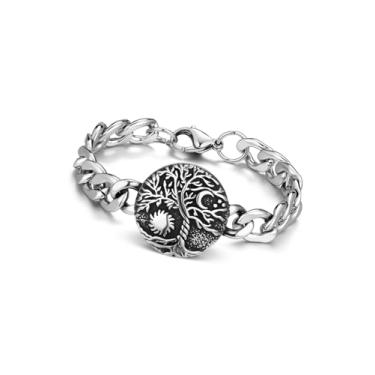 Imagem de Zysta Pulseira masculina de aço inoxidável, bússola, cabeça de lobo, nó da trindade, árvore da vida, corrente de elos góticos, motociclista, moda e joia viking pesada para homens, Medium, Sem Pedra