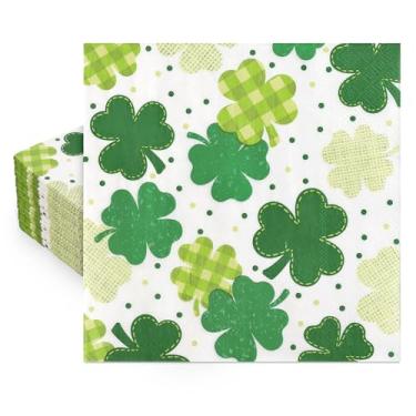 Imagem de FYSUIMU 50 guardanapos de papel trevo do dia de São Patrício guardanapos descartáveis com pontos de trevo xadrez guardanapos de jantar de almoço verde para festa de férias irlandesas suprimentos de