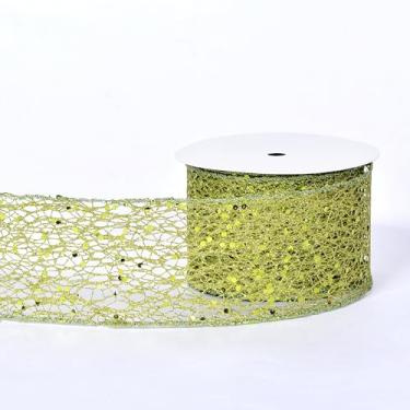 Imagem de YAMA Fita com fio de malha brilhante verde claro 6 cm 10 metros, fita de malha para embrulho de presente, artesanato, árvore de Natal, guirlandas de Halloween, laços de festa