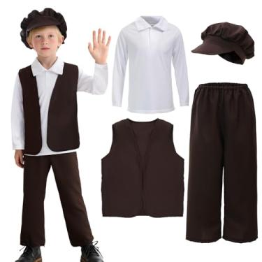 Imagem de Pigmiss Fantasia de menino vitoriano infantil conjunto de calças colonial colete colonial com boné traje de época para meninos, fantasia de Halloween, M