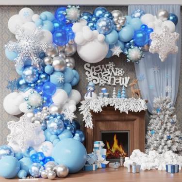 Imagem de Kit de arco de guirlanda de balões de neve de gelo, 140 peças, balão de látex branco e prata azul com balão de floco de neve transparente para o inverno, país das maravilhas Natal, floco de neve