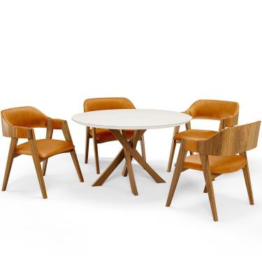 Imagem de Mesa De Jantar Redonda Cora 120cm Off White M04 com 04 Cadeiras Living Suran Couríssimo Whisky - Lyam