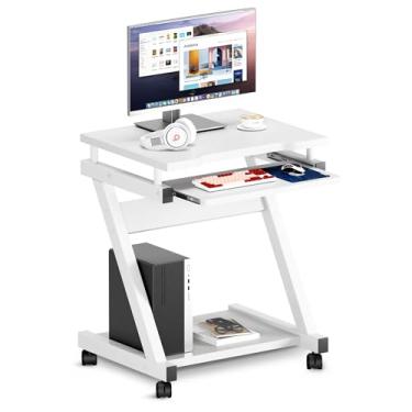 Imagem de sogesfurniture Carrinho de mesa de computador compacto móvel para espaços pequenos, mesa de computador portátil, pequena estação de trabalho com rolamento para casa e escritório com prateleira de