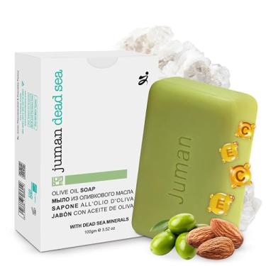 Imagem de JUMAN Sabonete de azeite de oliva da Dead Sea Minerals | Rico em vitamina E | Para psoríase, eczema e vermelhidão | Barra de sabão para pele seca sensível | 113 g (pacote com 1)