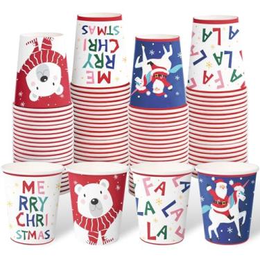 Imagem de WRAPAHOLIC 100 peças de copos de papel de Natal - 255 g copos descartáveis de desenho animado colorido Papai Noel e urso, suprimentos de festa de fim de ano para suco, café, bebida quente e fria