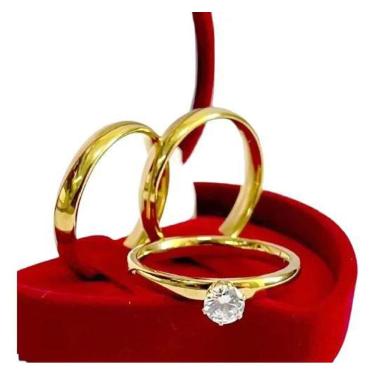 Imagem de Par Alianças Banhada À Ouro 18K Casamento + Anel De Noivado