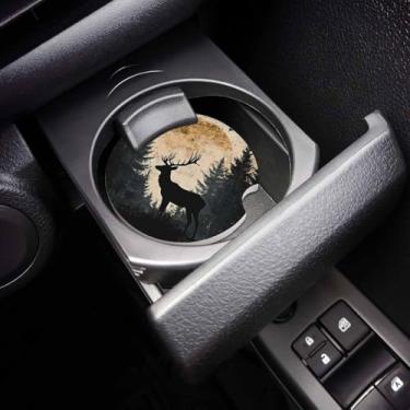 Imagem de Conjunto de 2 porta-copos Boho Forest Elk para carro, rústico, vida selvagem, floresta, absorvente de pedra de cerâmica com entalhe de dedo para facilitar a remoção do porta-copo automático
