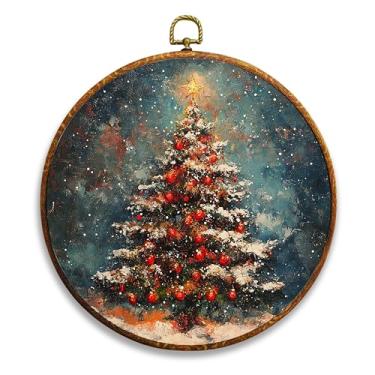 Imagem de NQDWX Árvore de Natal, pintura a óleo vintage Natal 25,5 x 25,4 cm, arte de parede em tela redonda, decoração de pendurar para sala de estar, quarto, entrada, decoração rústica de casa de campo de