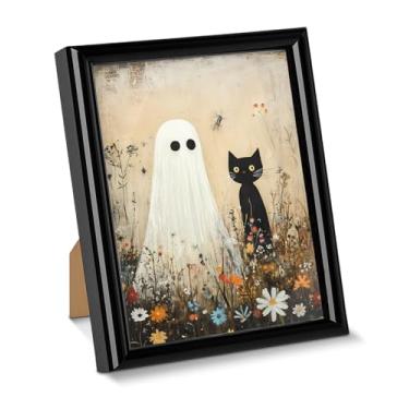Imagem de Pôster de arte de parede fantasma de gato extravagante imagem floral assustadora para decoração de mesa pintura emoldurada para decoração de mesa de parede doméstica 15 x 20 cm, decoração de Halloween
